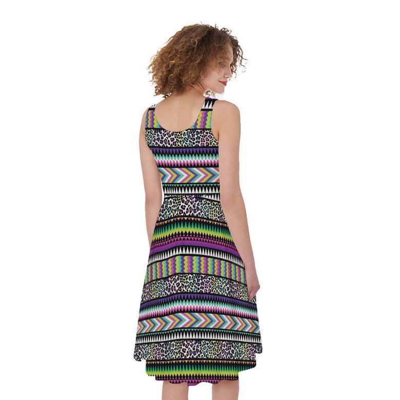 Colorful Leopard Navajo Tribal Print Sleeveless Knee Length Dress