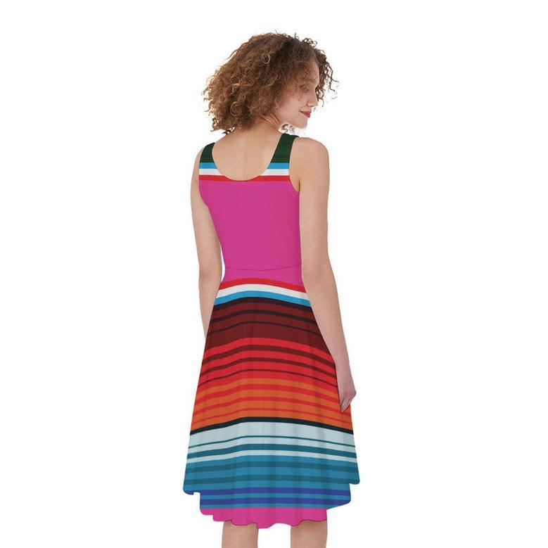 Colorful Mexican Blanket Stripe Print Sleeveless Knee Length Dress