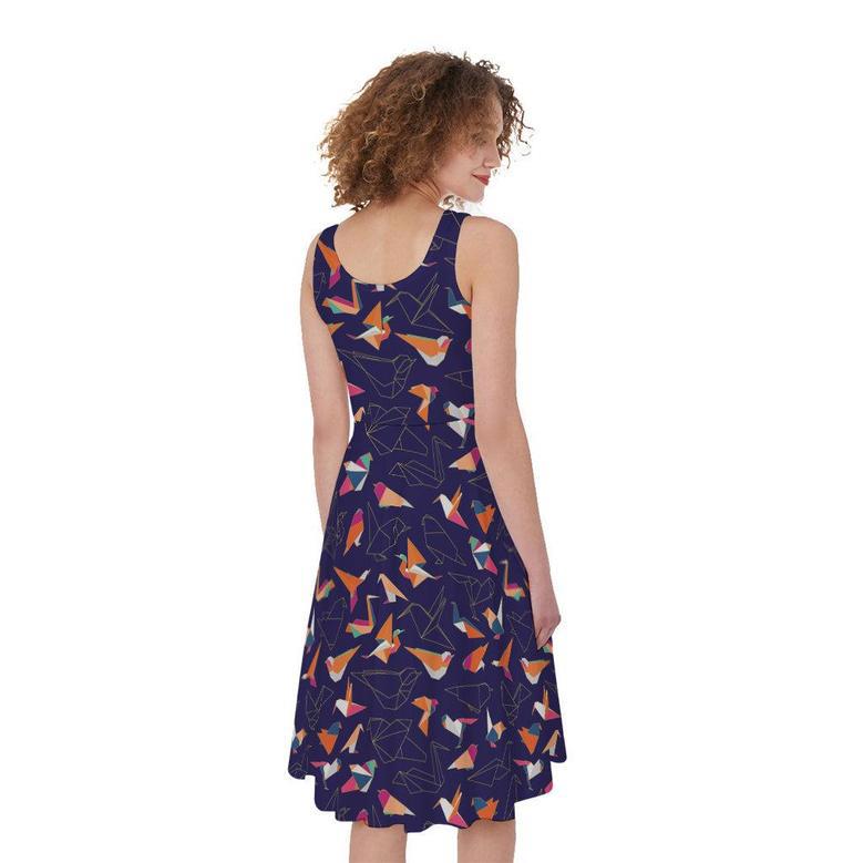 Colorful Origami Bird Pattern Print Sleeveless Knee Length Dress