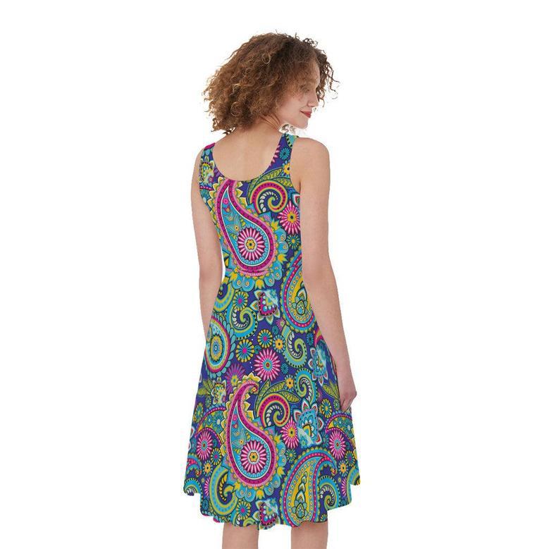 Colorful Paisley Pattern Print Sleeveless Knee Length Dress