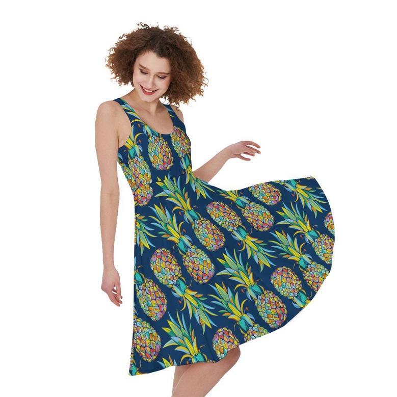 Colorful Pineapple Pattern Print Sleeveless Knee Length Dress