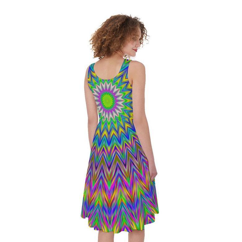 Colorful Psychedelic Optical Illusion Sleeveless Knee Length Dress