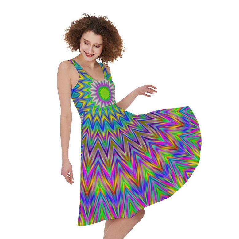 Colorful Psychedelic Optical Illusion Sleeveless Knee Length Dress