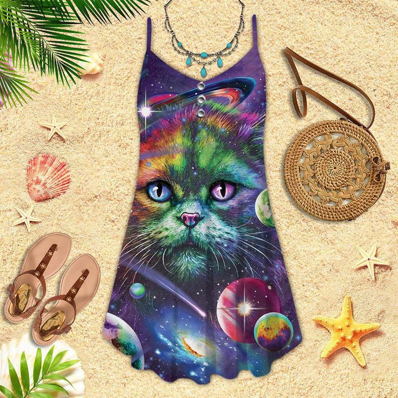 colorful Rainbow Cat Space Galaxy Planet Spaghetti Strap Summer Dress