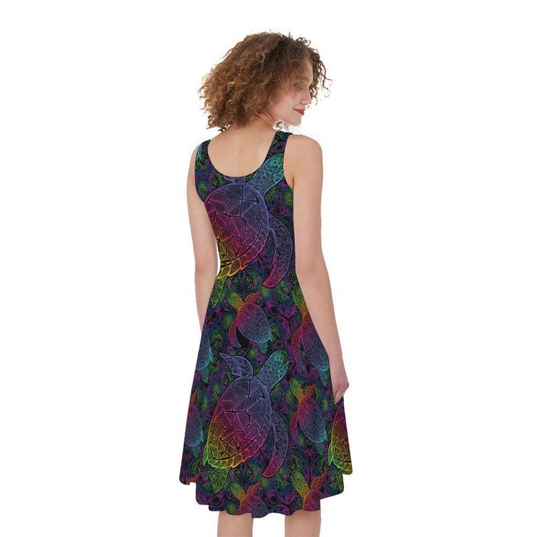 Colorful Sea Turtle Pattern Print Sleeveless Knee Length Dress