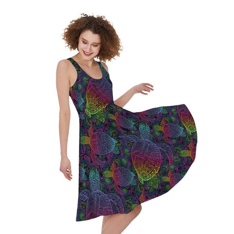 Colorful Sea Turtle Pattern Print Sleeveless Knee Length Dress