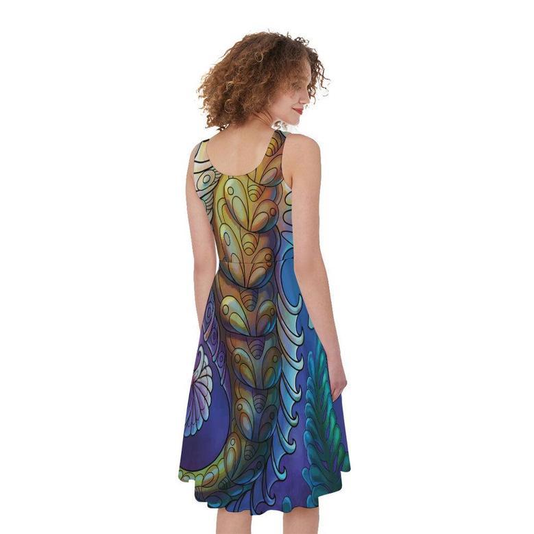 Colorful Seahorse Print Sleeveless Knee Length Dress