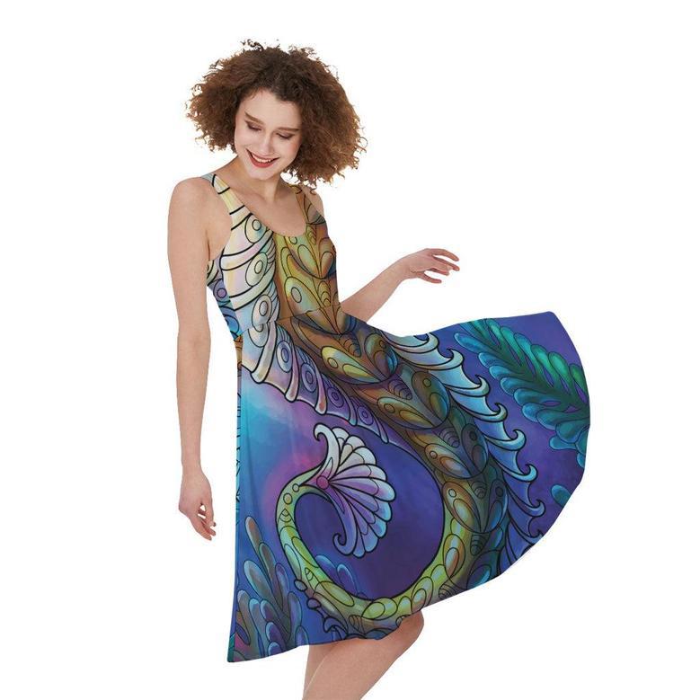 Colorful Seahorse Print Sleeveless Knee Length Dress