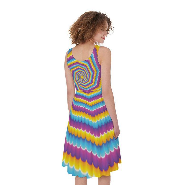 Colorful Spiral Illusion Print Sleeveless Knee Length Dress