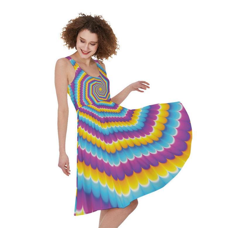 Colorful Spiral Illusion Print Sleeveless Knee Length Dress