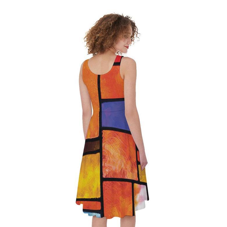 Colorful Stained Glass Mosaic Print Sleeveless Knee Length Dress