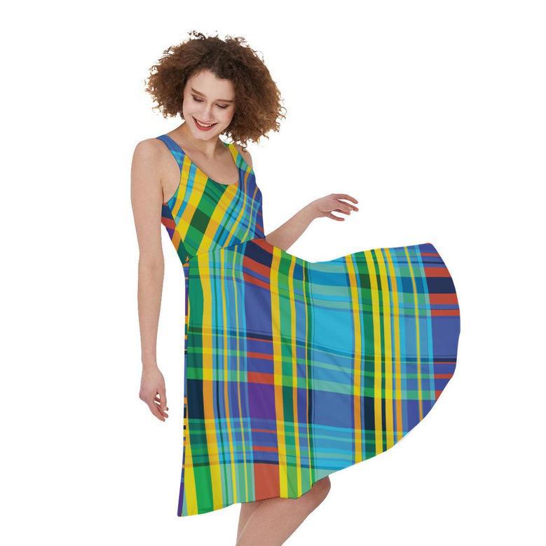 Colorful Tartan Pattern Print Sleeveless Knee Length Dress