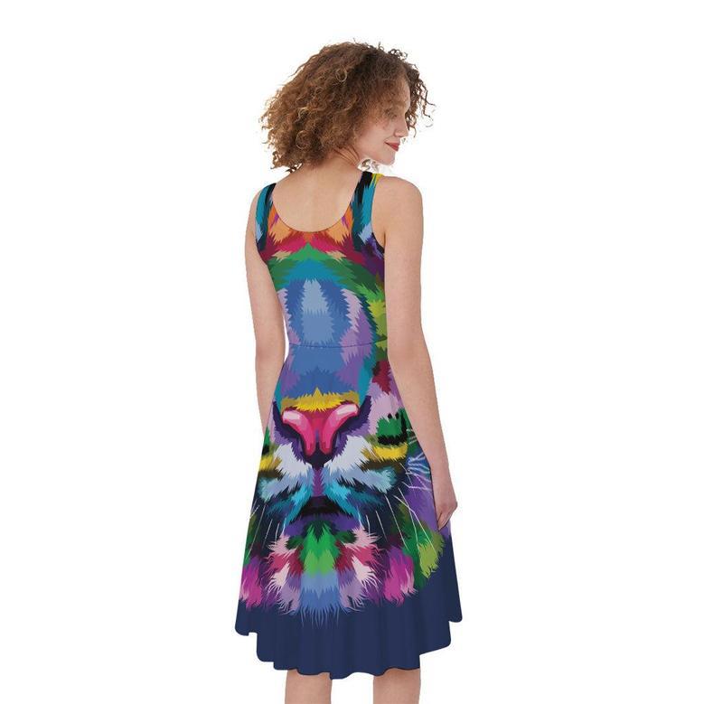 Colorful Tiger Portrait Print Sleeveless Knee Length Dress