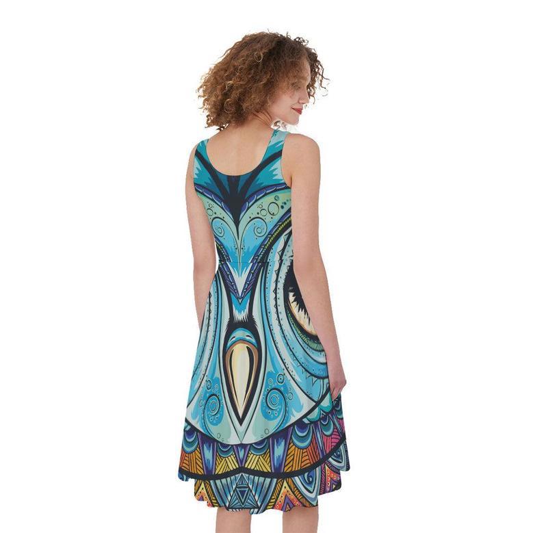 Colorful Tribal Owl Print Sleeveless Knee Length Dress