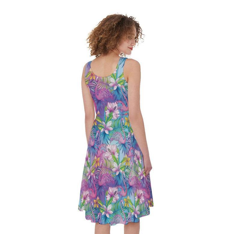 Colorful Tropical Flamingo Print Sleeveless Knee Length Dress