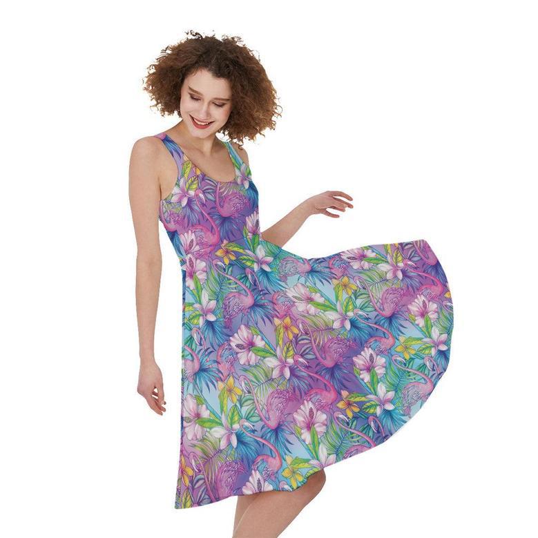 Colorful Tropical Flamingo Print Sleeveless Knee Length Dress