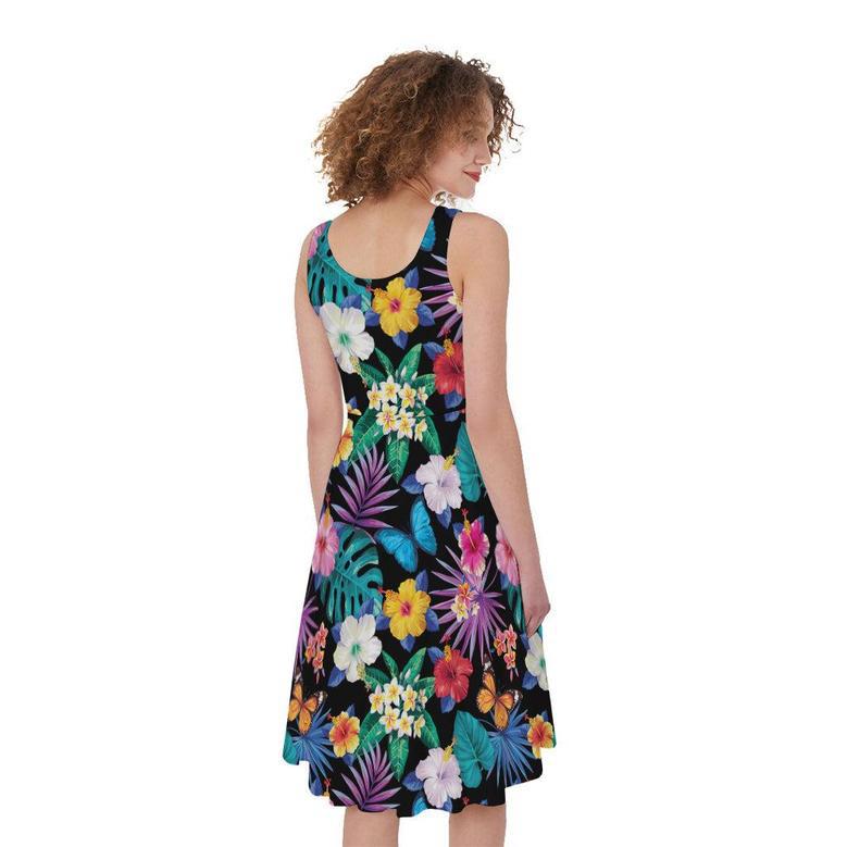 Colorful Tropical Jungle Hawaiian Print Sleeveless Knee Length Dress