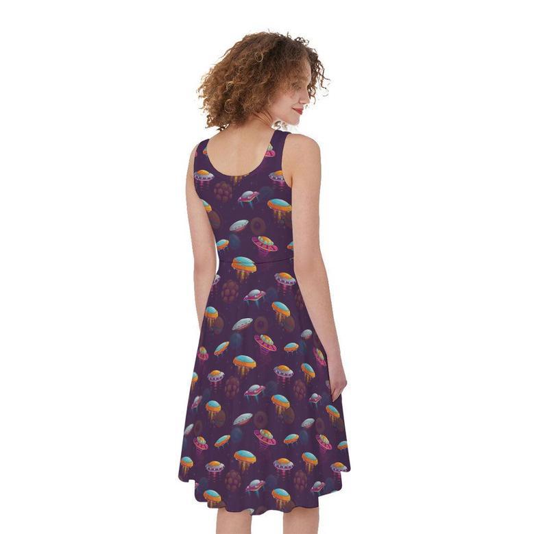 Colorful UFO Pattern Print Sleeveless Knee Length Dress