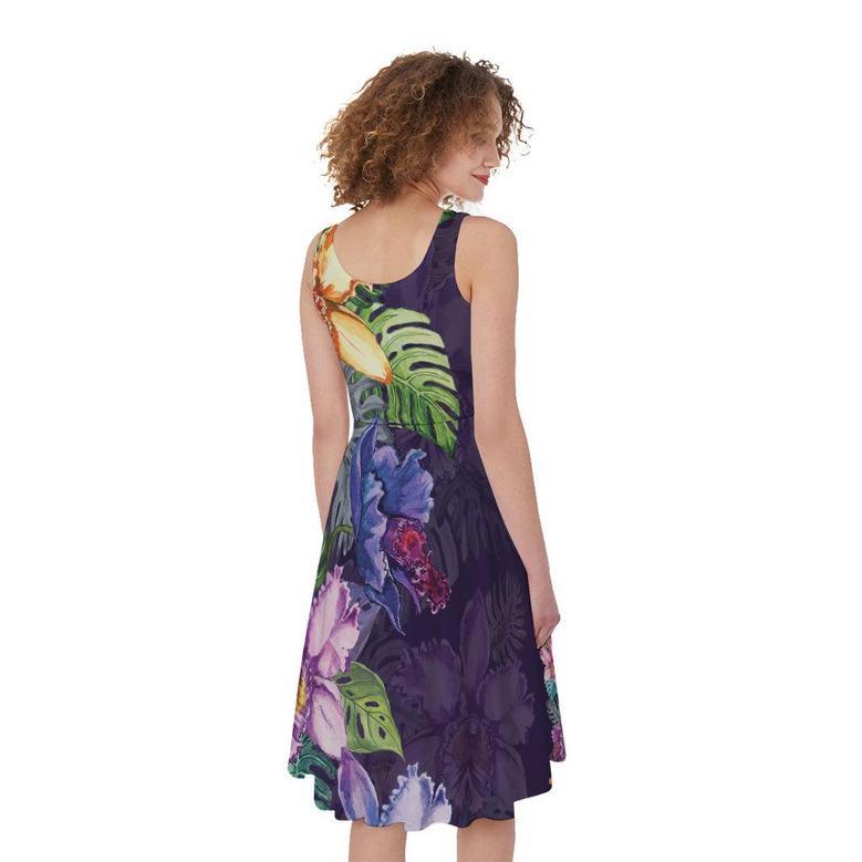 Colorful Watercolor Cattleya Print Sleeveless Knee Length Dress