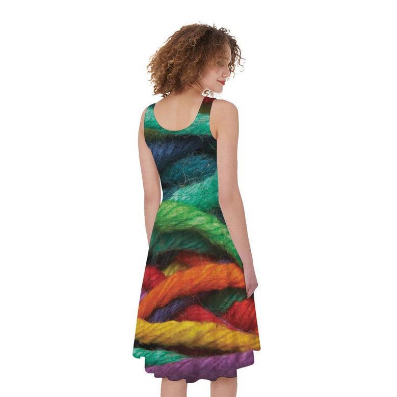 Colorful Yarn Print Sleeveless Knee Length Dress