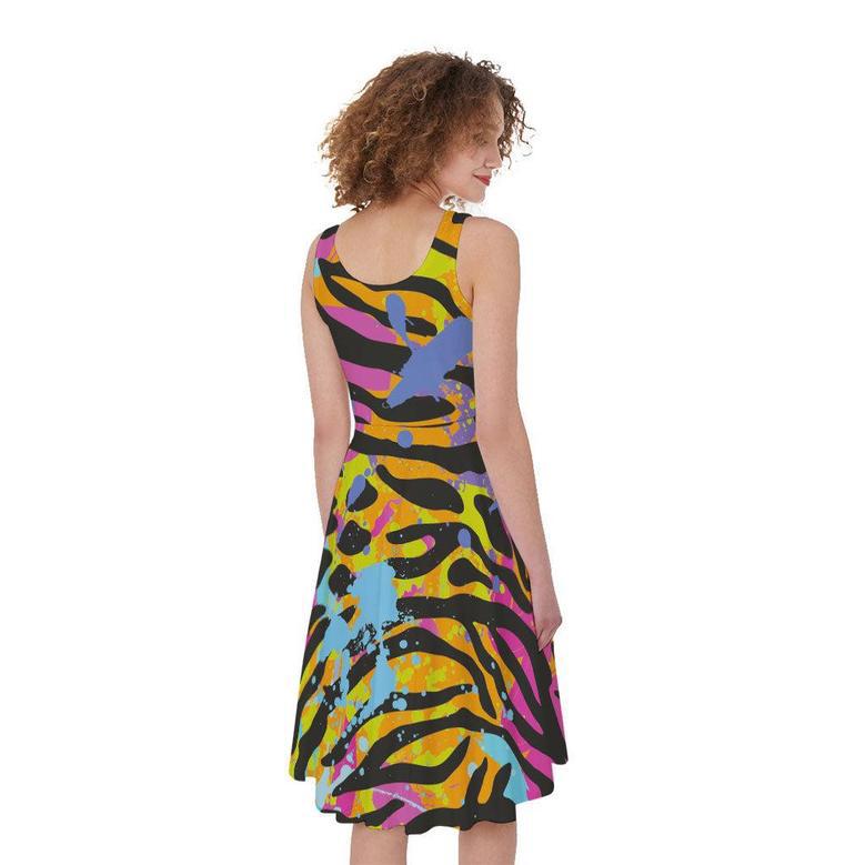 Colorful Zebra Leopard Pattern Print Sleeveless Knee Length Dress