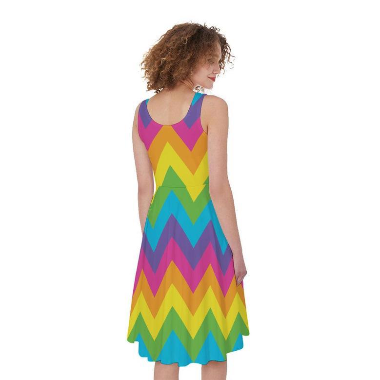 Colorful Zigzag Pattern Print Sleeveless Knee Length Dress