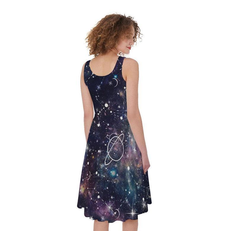 Constellation Galaxy Space Print Sleeveless Knee Length Dress