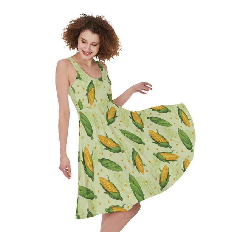 Corncob Pattern Print Sleeveless Knee Length Dress