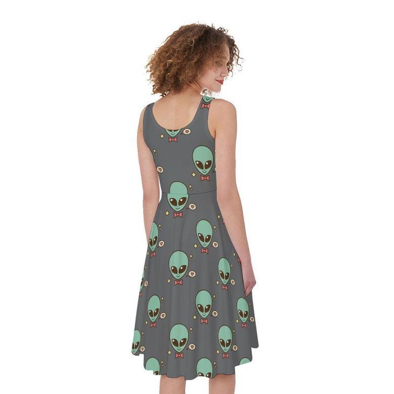 Cute Alien With Bow Tie Print Sleeveless Knee Length Dress