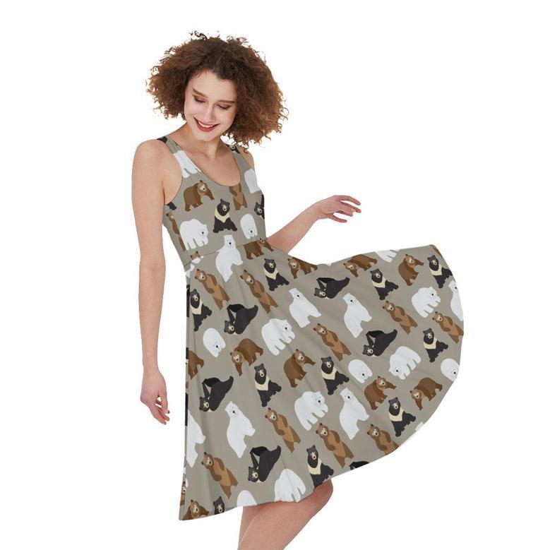 Cute Bear Pattern Print Sleeveless Knee Length Dress