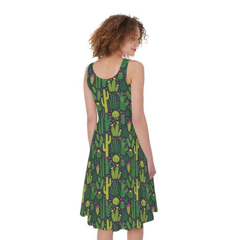 Cute Cactus Plant Pattern Print Sleeveless Knee Length Dress