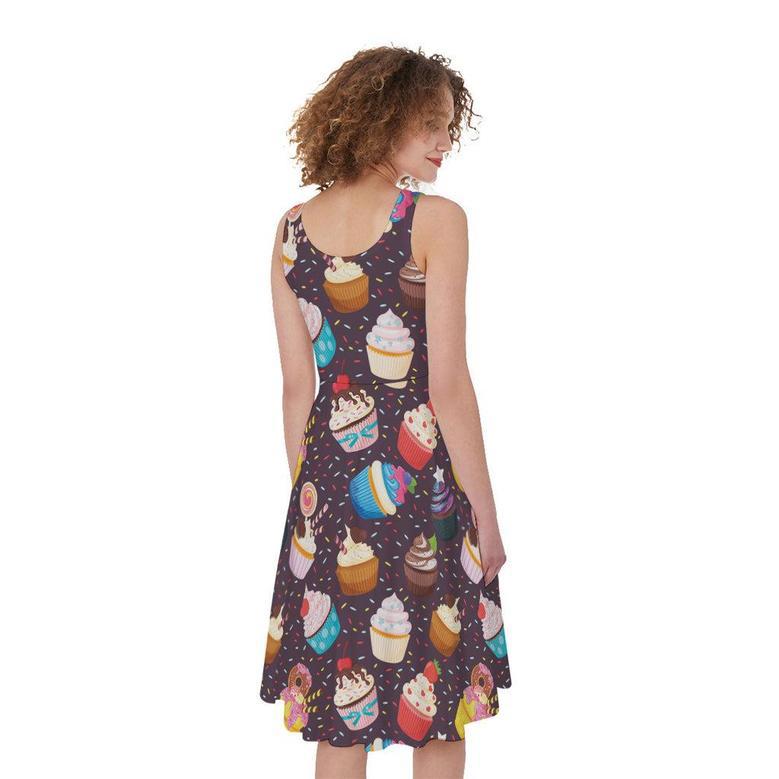 Cute Cupcake Pattern Print Sleeveless Knee Length Dress