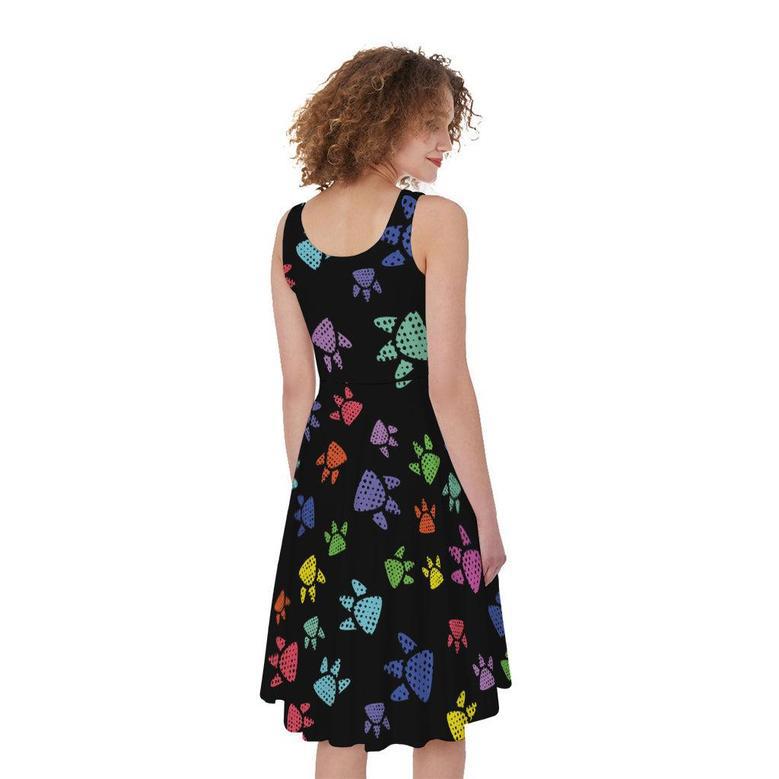 Cute Dino Footprint Pattern Print Sleeveless Knee Length Dress