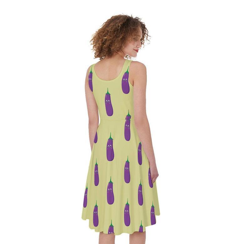 Cute Eggplant Pattern Print Sleeveless Knee Length Dress