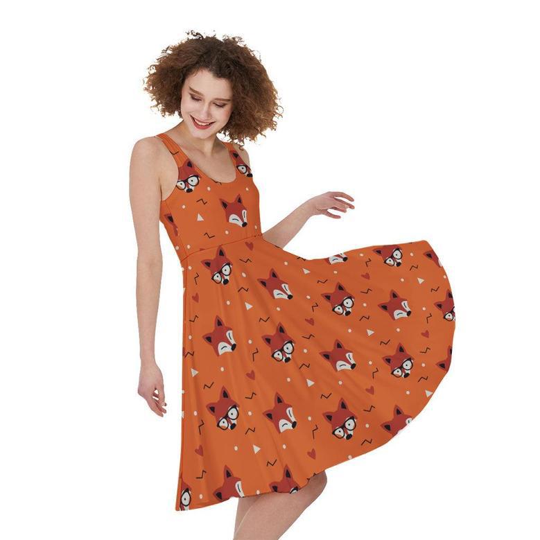 Cute Fox Pattern Print Sleeveless Knee Length Dress