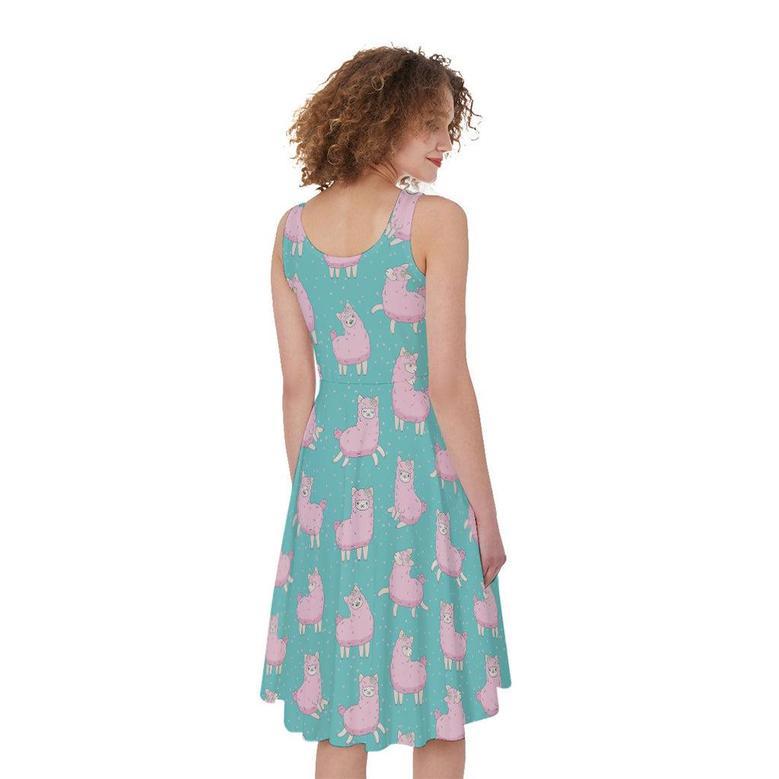 Cute Pink Llama Pattern Print Sleeveless Knee Length Dress