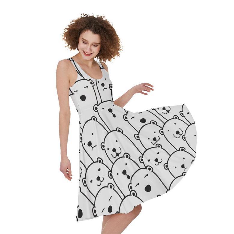 Cute Polar Bear Pattern Print Sleeveless Knee Length Dress