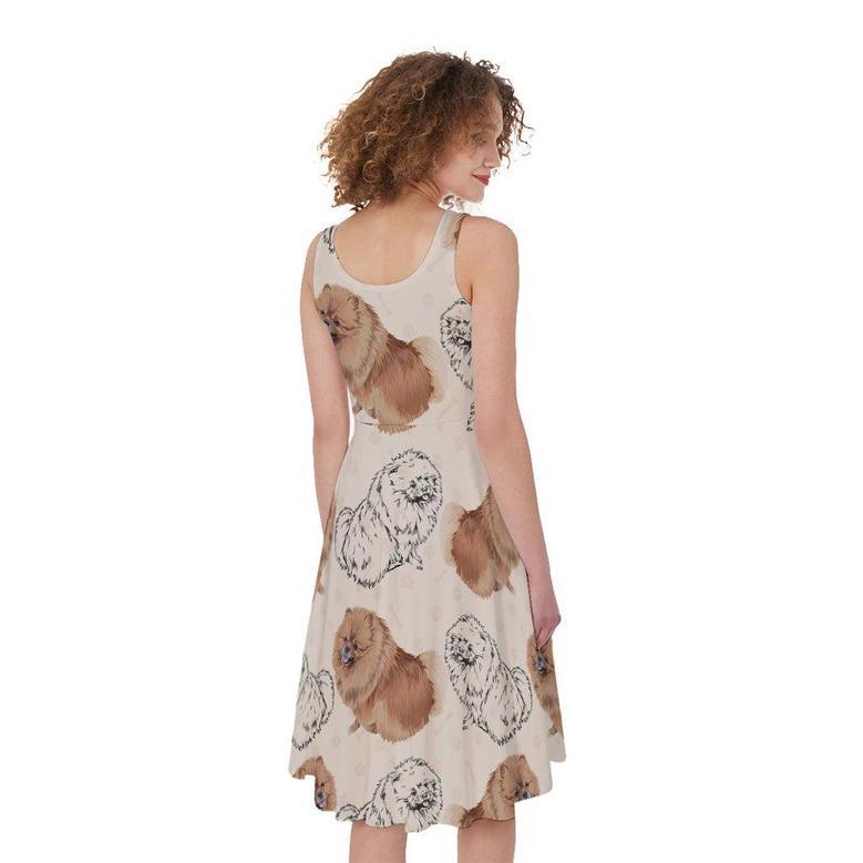 Cute Pomeranian Pattern Print Sleeveless Knee Length Dress