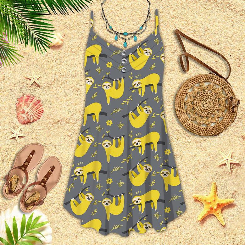 Cute Sloth Seamless Pattern In Yellow And Gray Spaghetti Strap Summer Dress