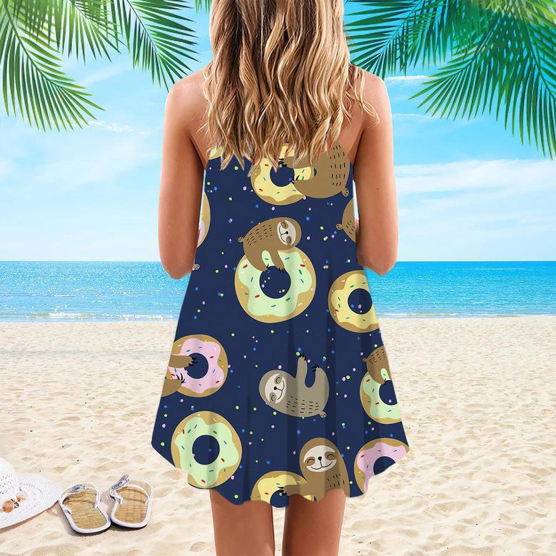 Cute Sloth With Sweet Donuts Spaghetti Strap Summer Dress