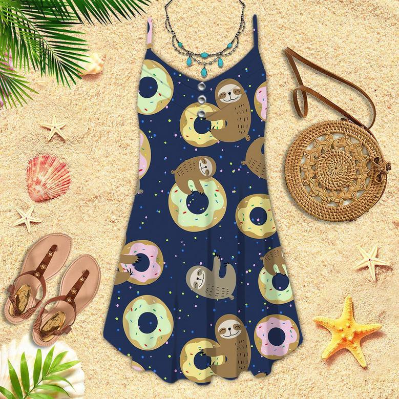 Cute Sloth With Sweet Donuts Spaghetti Strap Summer Dress