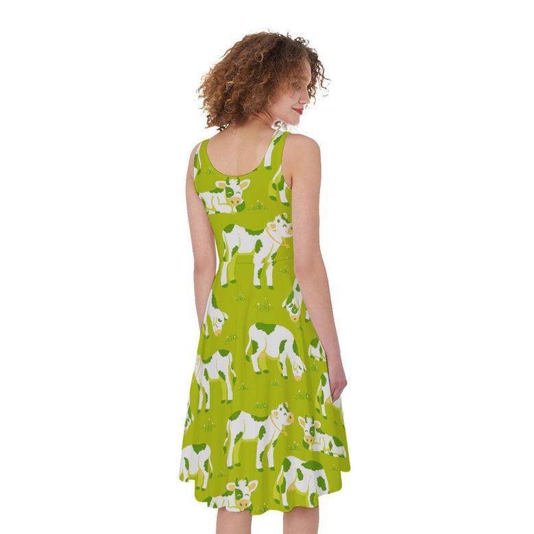 Cute Smiley Cow Pattern Print Sleeveless Knee Length Dress