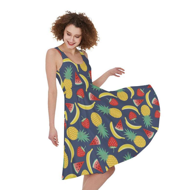 Cute Tropical Fruits Pattern Print Sleeveless Knee Length Dress