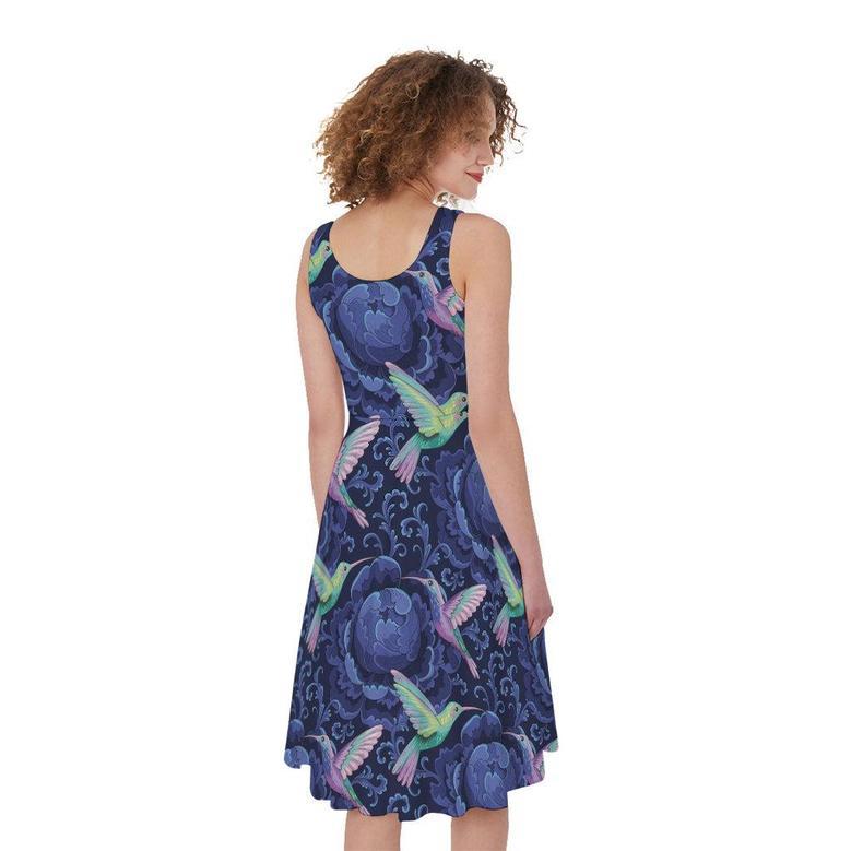 Dark Blue Floral Hummingbird Print Sleeveless Knee Length Dress