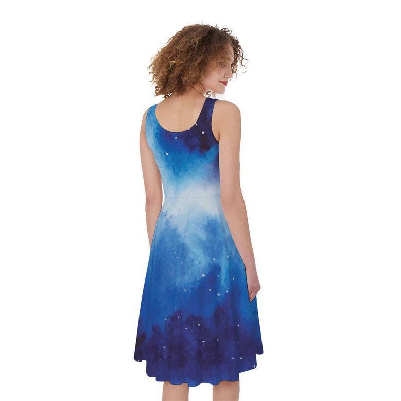 Dark Blue Galaxy Space Print Sleeveless Knee Length Dress