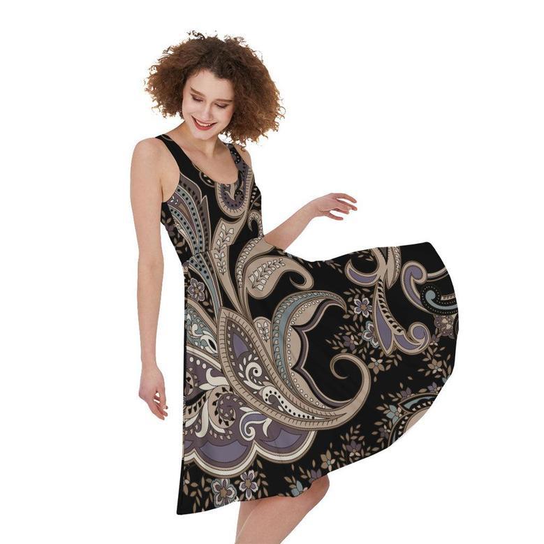 Dark Brown Paisley Pattern Print Sleeveless Knee Length Dress