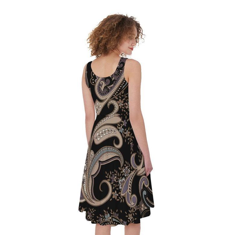 Dark Brown Paisley Pattern Print Sleeveless Knee Length Dress