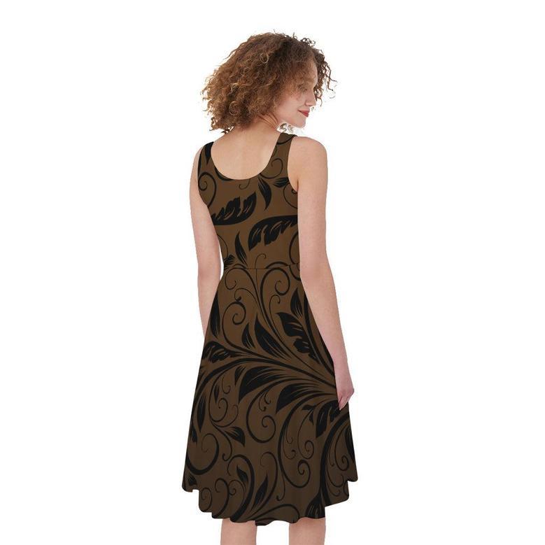 Dark Brown Western Damask Print Sleeveless Knee Length Dress