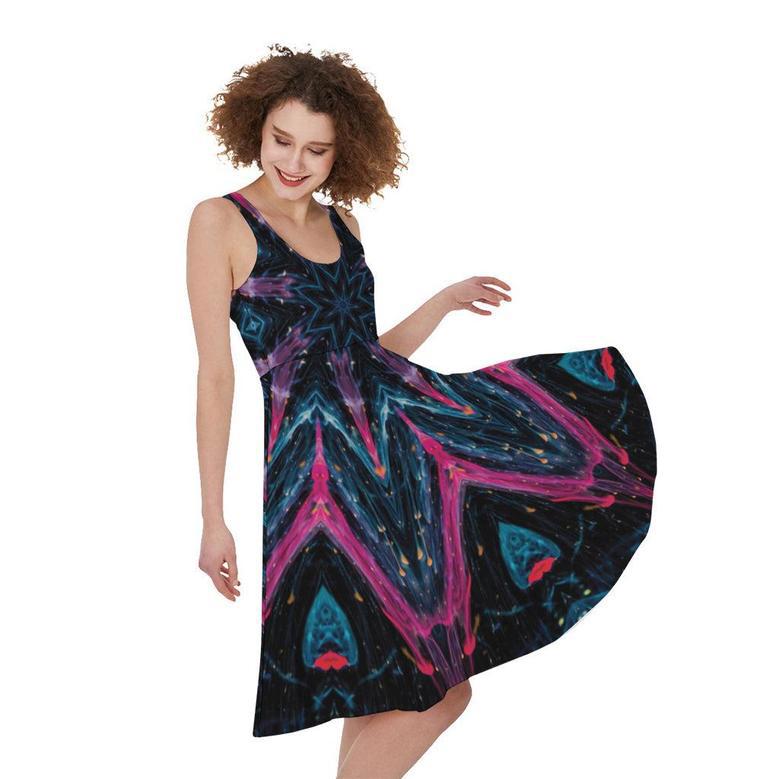 Dark Cloud Kaleidoscope Print Sleeveless Knee Length Dress