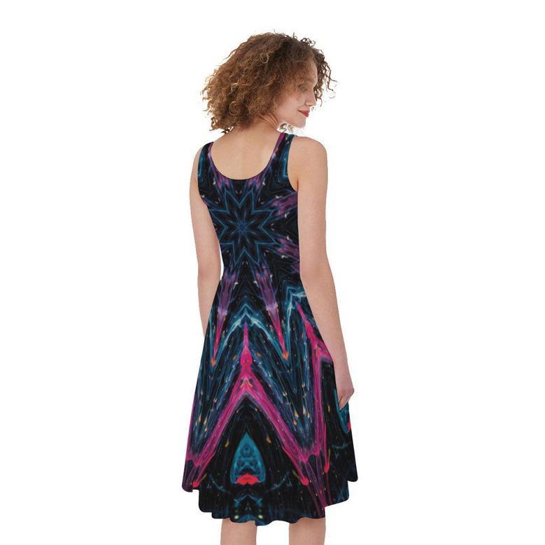 Dark Cloud Kaleidoscope Print Sleeveless Knee Length Dress